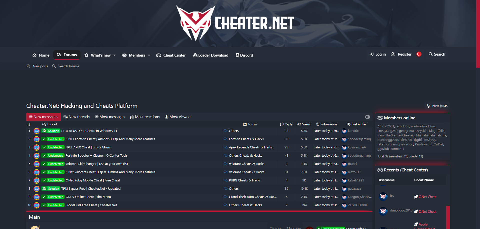 The old Cheater.Net forum, with a list of cheat threads and a members online panel