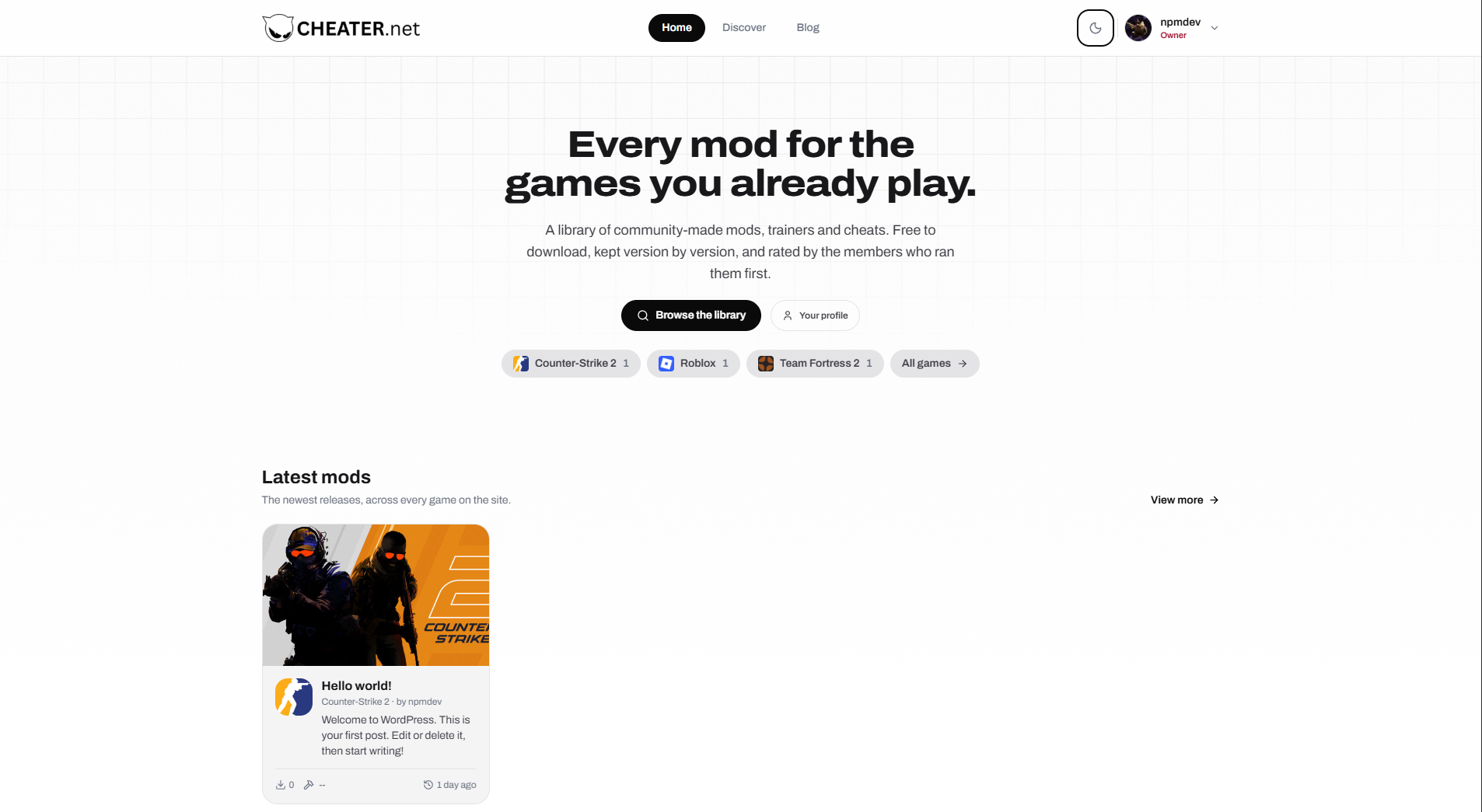 The new Cheater.Net homepage with a search button and a list of games